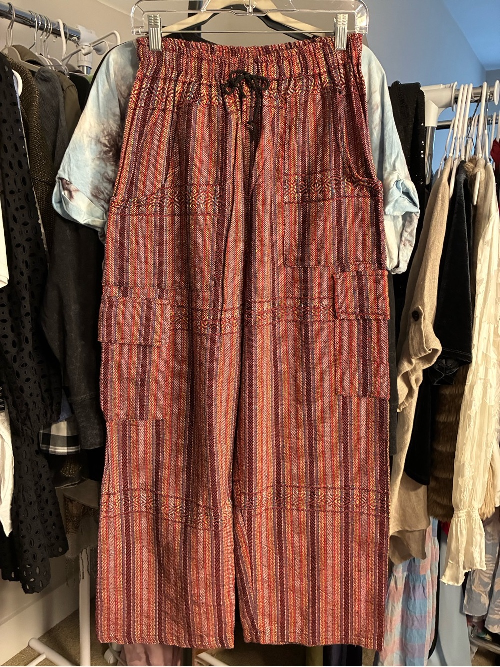 Women's Baha Wide-Leg Drawstring Woven Cargo Pants in Red Stripe Large